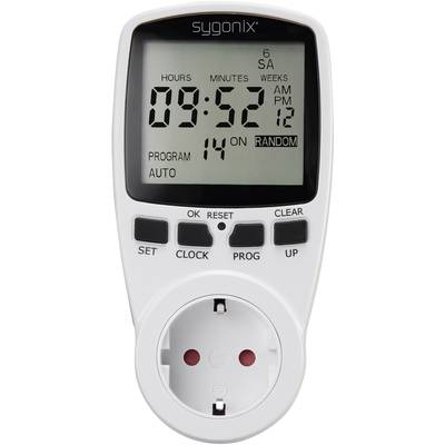 Digital timer with LCD display shows time as 09:52. Functions: programming, random mode and day of the week display.