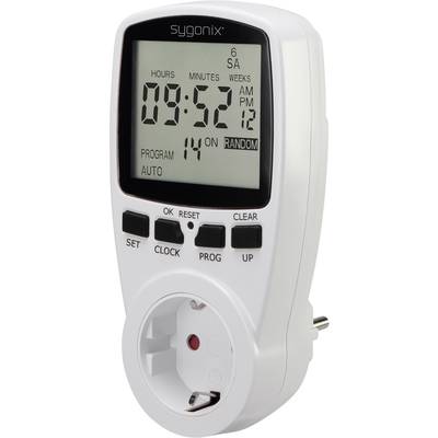 Digital timer with display showing '9:52 AM' and 'Programme 14 ON', with control buttons and socket for electrical devices.