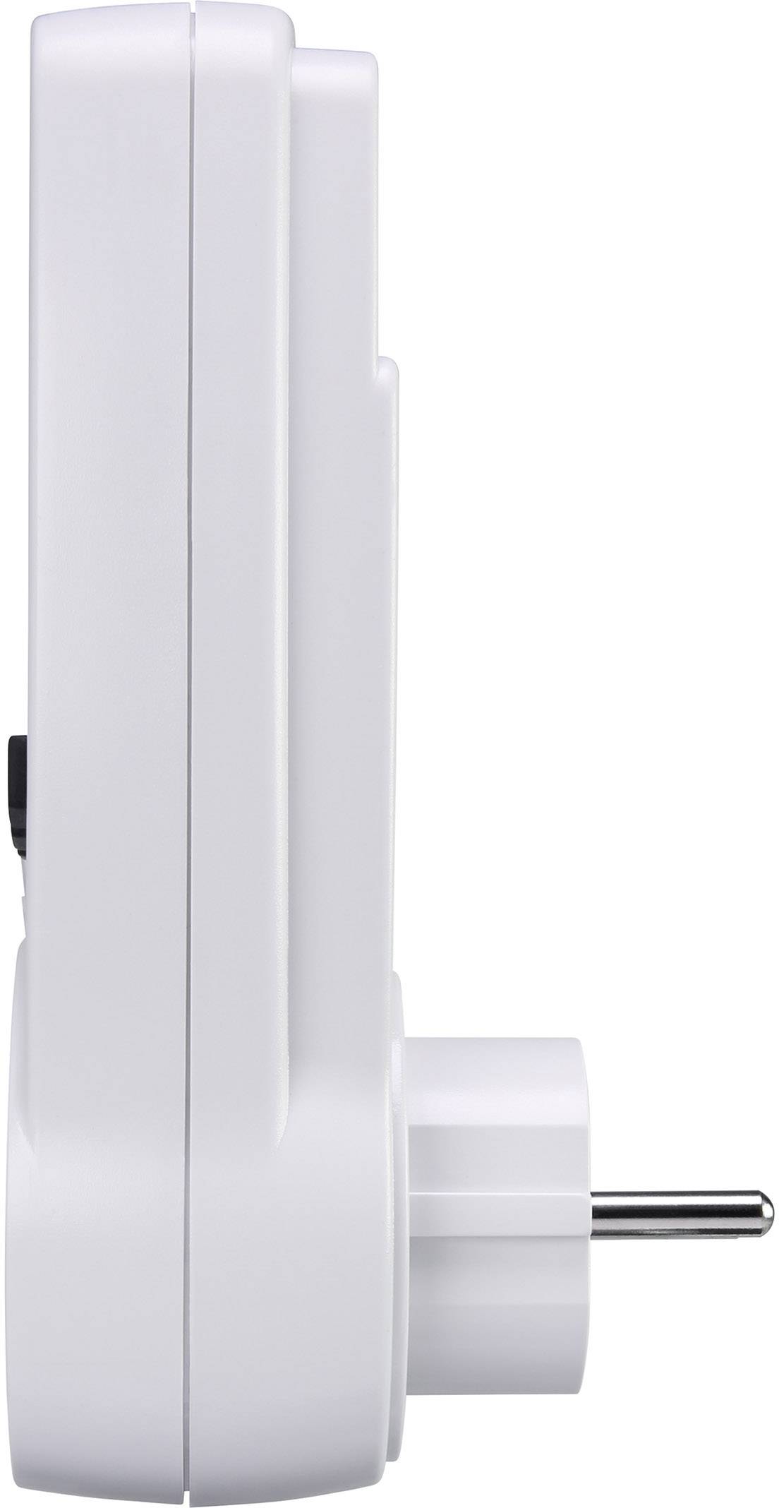 Side view of a white, rectangular socket adapter with a Schuko plug.