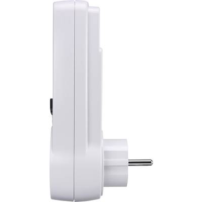 Side view of a white, rectangular socket adapter with a Schuko plug.
