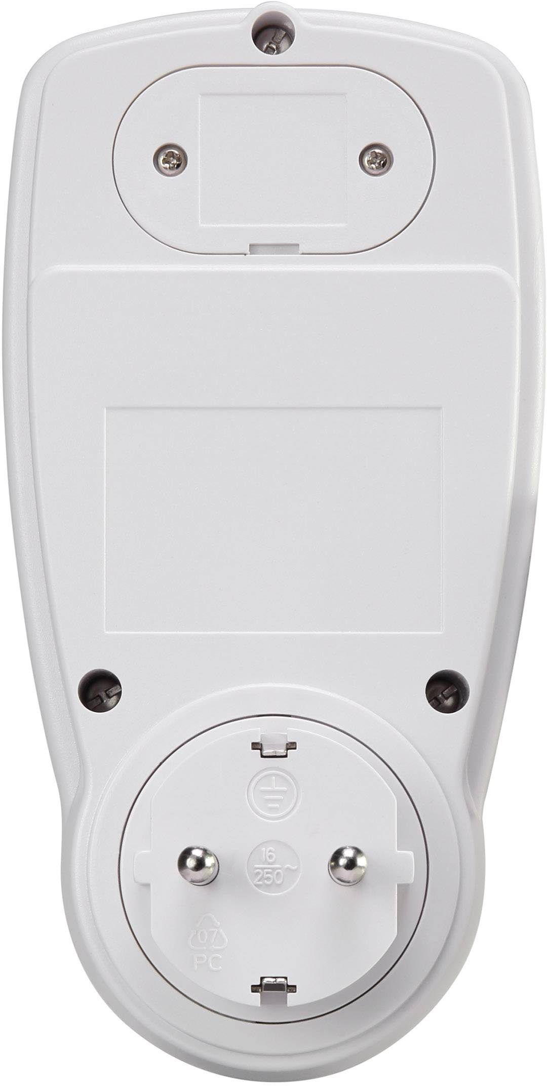 White electric timer with Schuko plug and dimmed display. Top and bottom surfaces show round screw holes.