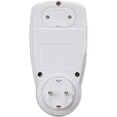 White electric timer with Schuko plug and dimmed display. Top and bottom surfaces show round screw holes.
