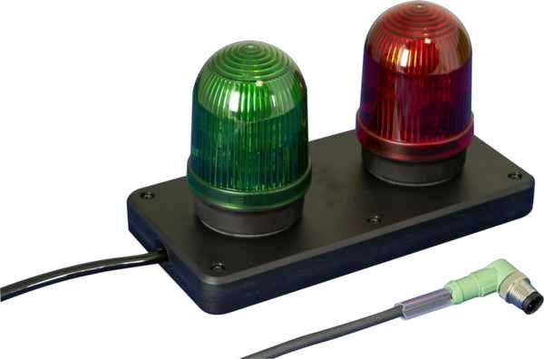 Two signal lights on a black base plate: one green and one red. They are connected by a cable.