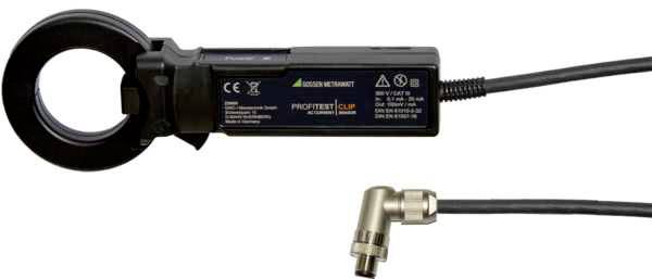 A digital clamp meter with cable, used for measuring electrical currents.