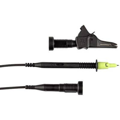 Three black multimeter test probes, one with a crocodile clip, are used for electrical measurement.