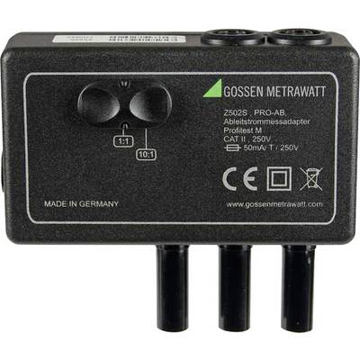 'Gossen Metrawatt' current measuring adapter, Model Z502S PRO-AB, displays technical specifications and test marks, manufactured in Germany.