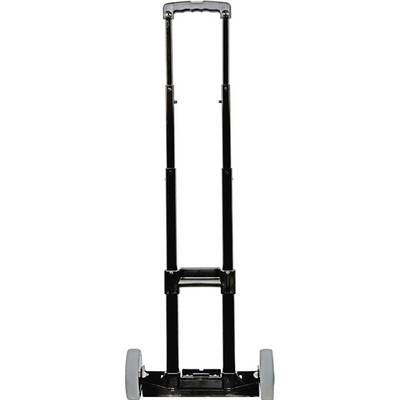 Black, folding sack truck with two grey wheels, suitable for transporting loads.