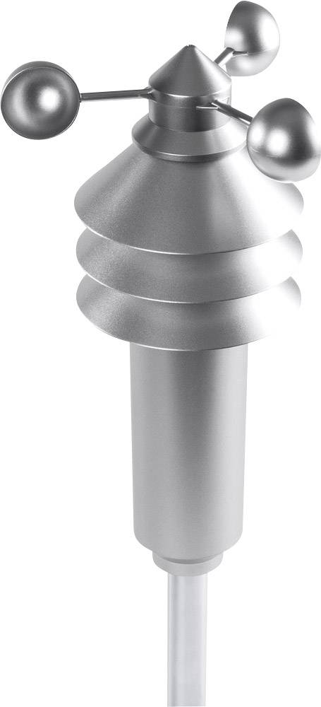A silver anemometer with rotating cups for measuring wind speed.
