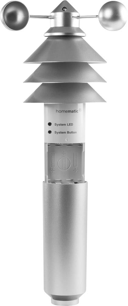 Silver weather station sensor with wind meters at the top and ventilation slots.