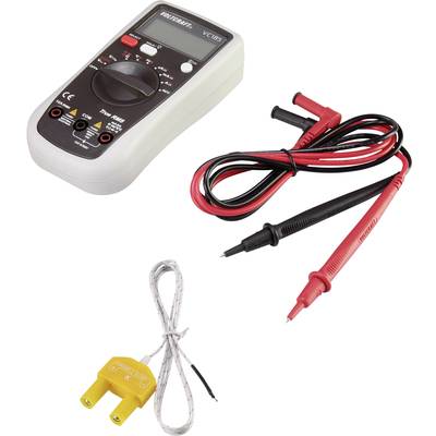Digital multimeter with three test leads. Upper cable red and black, lower cable yellow with two connectors.