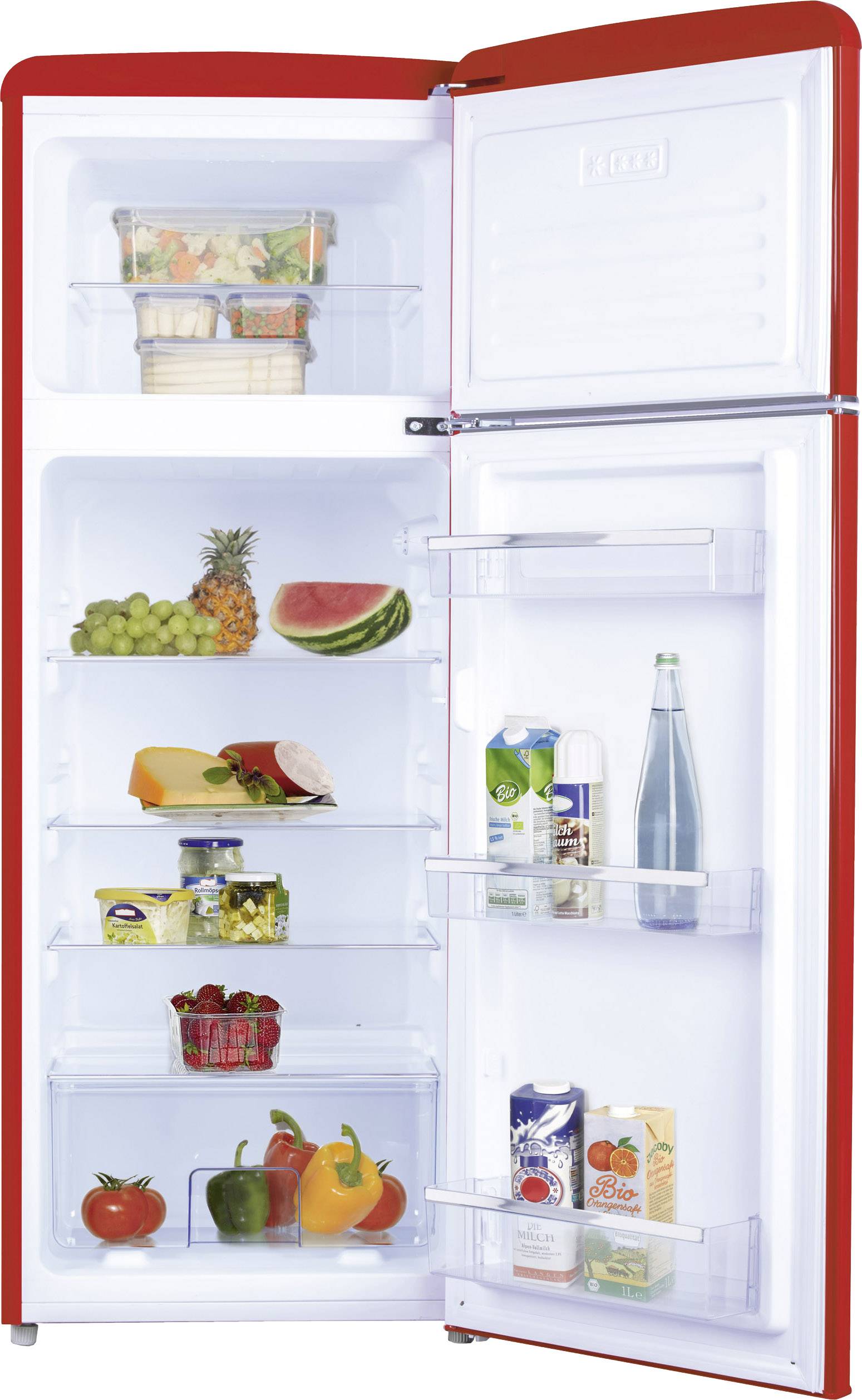 An open red fridge reveals shelves stocked with various foods including fruit, vegetables, cheese containers, and drinks.