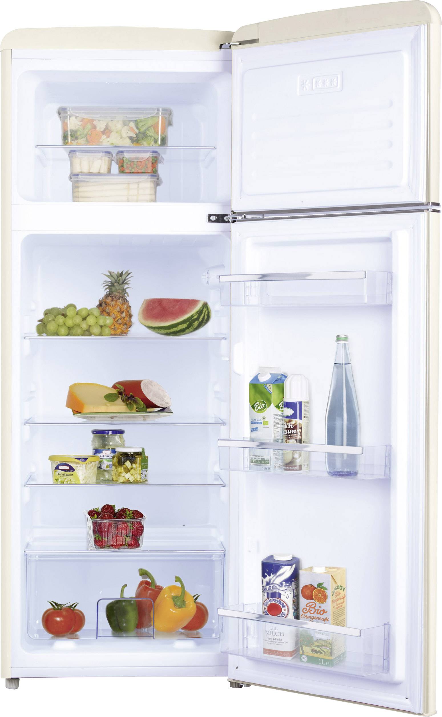 An open fridge with various foods such as fruit, vegetables, yoghurt pots and drink bottles in door and main compartments.