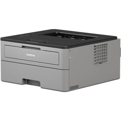 Grey laser printer with black control panel on top. Front side has a paper output and a paper tray. Marked with 'Brother'.