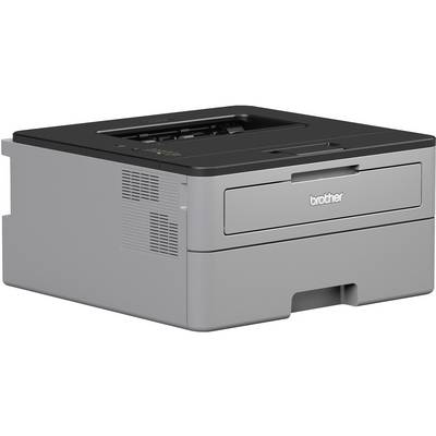A grey laser printer on a table. The device has a black control panel on top and is ready to print.
