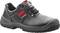 Black safety shoe with a red stripe, robust profile and laces, suitable for workplace protection.
