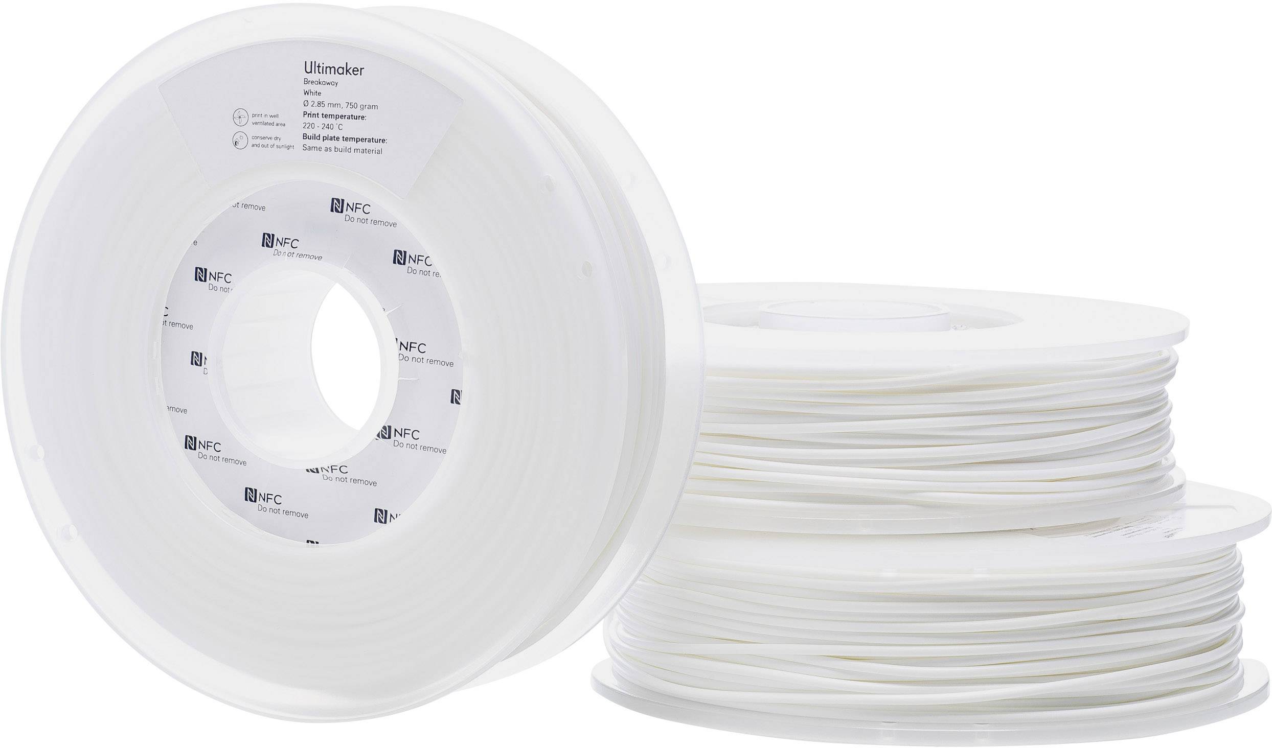 'Two white 3D printer filament spools, standing and lying down, with markings.'