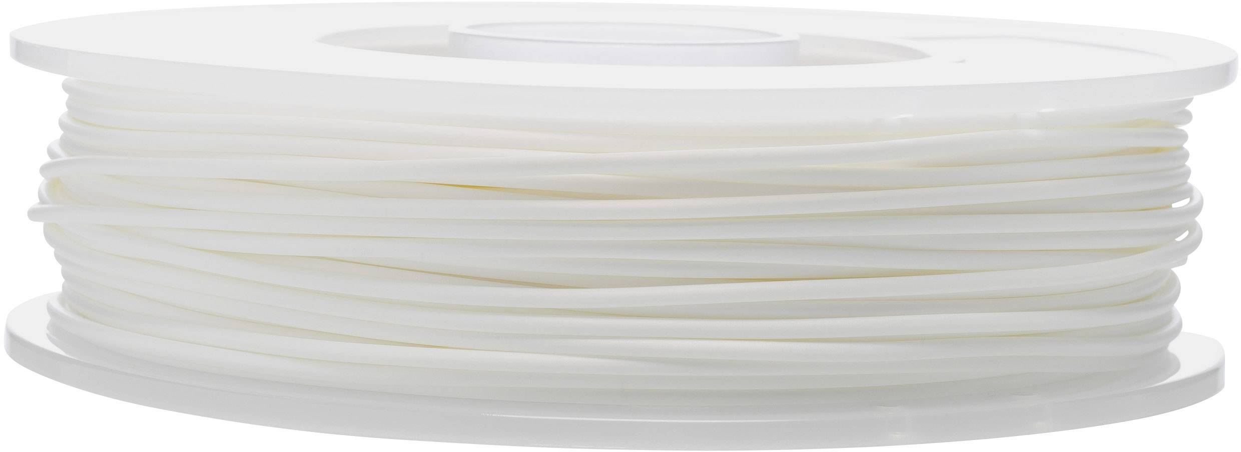 A white spool with plastic filament, typical for use in 3D printers.