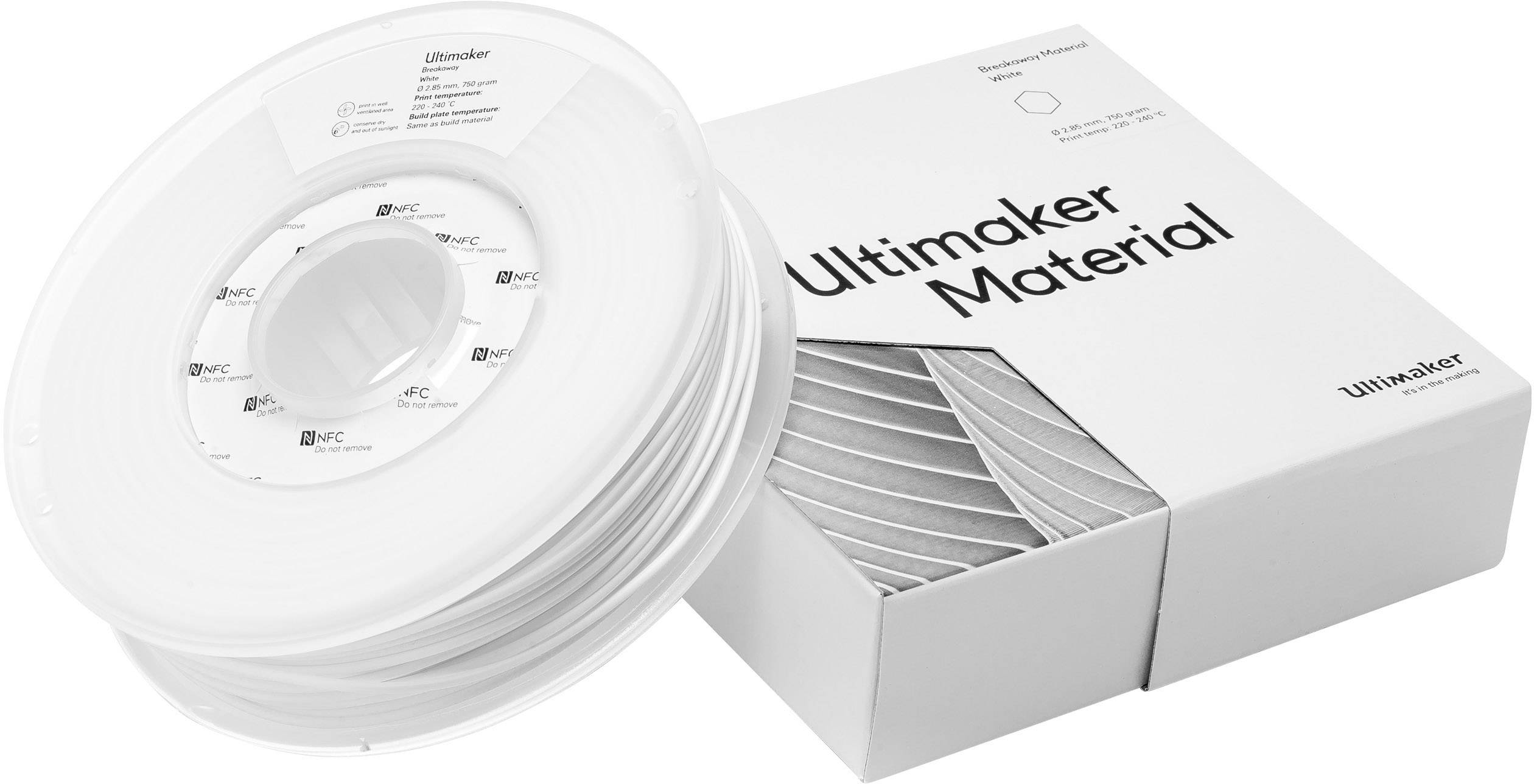 White filament reel and packaging of Ultimaker material, suitable for 3D printers. Contains technical details and logos.