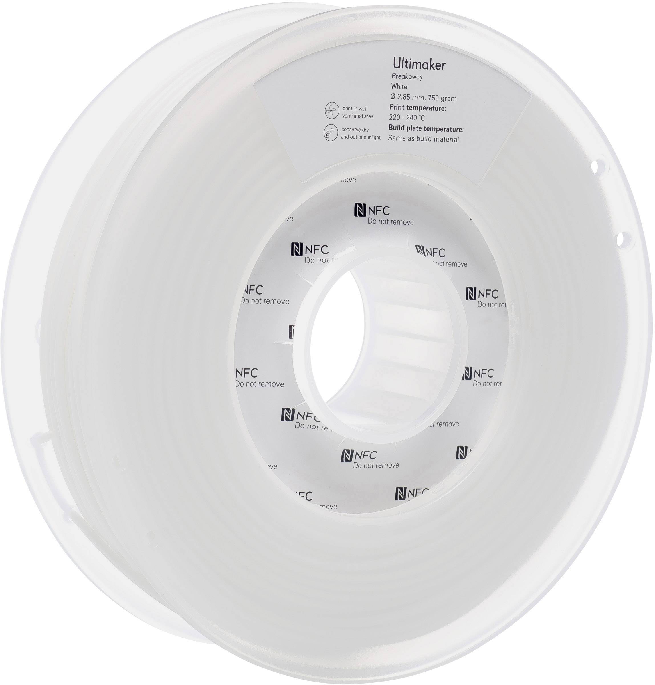 Transparent plastic spool with white 3D printer filament from Ultimaker.
