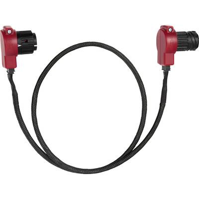 A black, braided cable with red plugs on both ends.