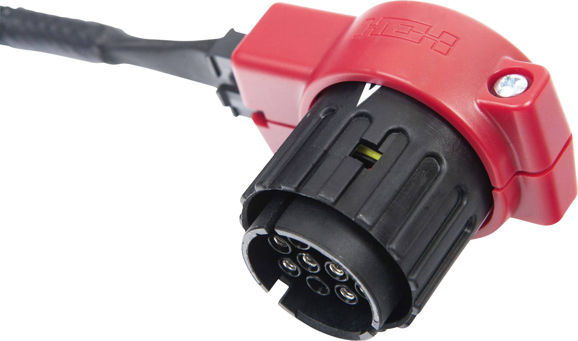 Close-up of a red and black multi-pin connector.