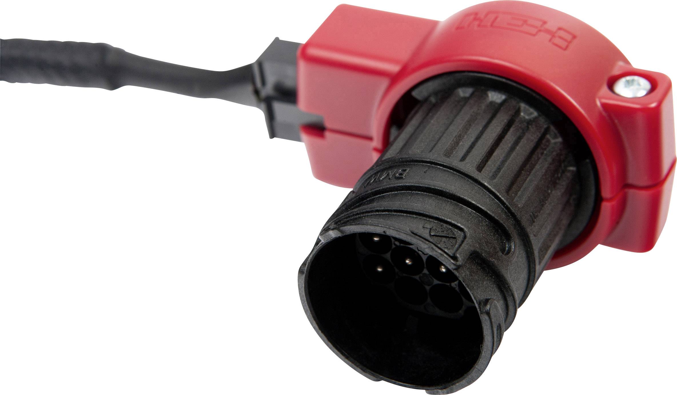 A black connector with a red housing, suitable for multiple pins. The plug features a red locking mechanism for secure connection.