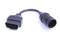 An OBD2 adaptor cable with a 16-pin plug on one side and a multi-pin round plug on the other side.