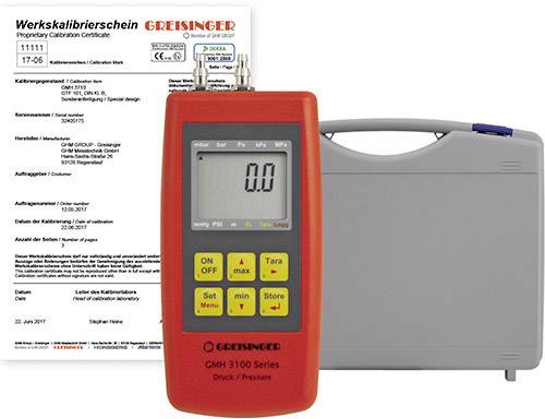 A red pressure measuring device displays '0.0'. Beside it lies a grey case and a calibration certificate with the title 'Factory Calibration Certificate'.