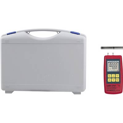 A grey suitcase on the left and a red digital measuring device called 'GMH 3161' with a probe on the right, displaying zero.