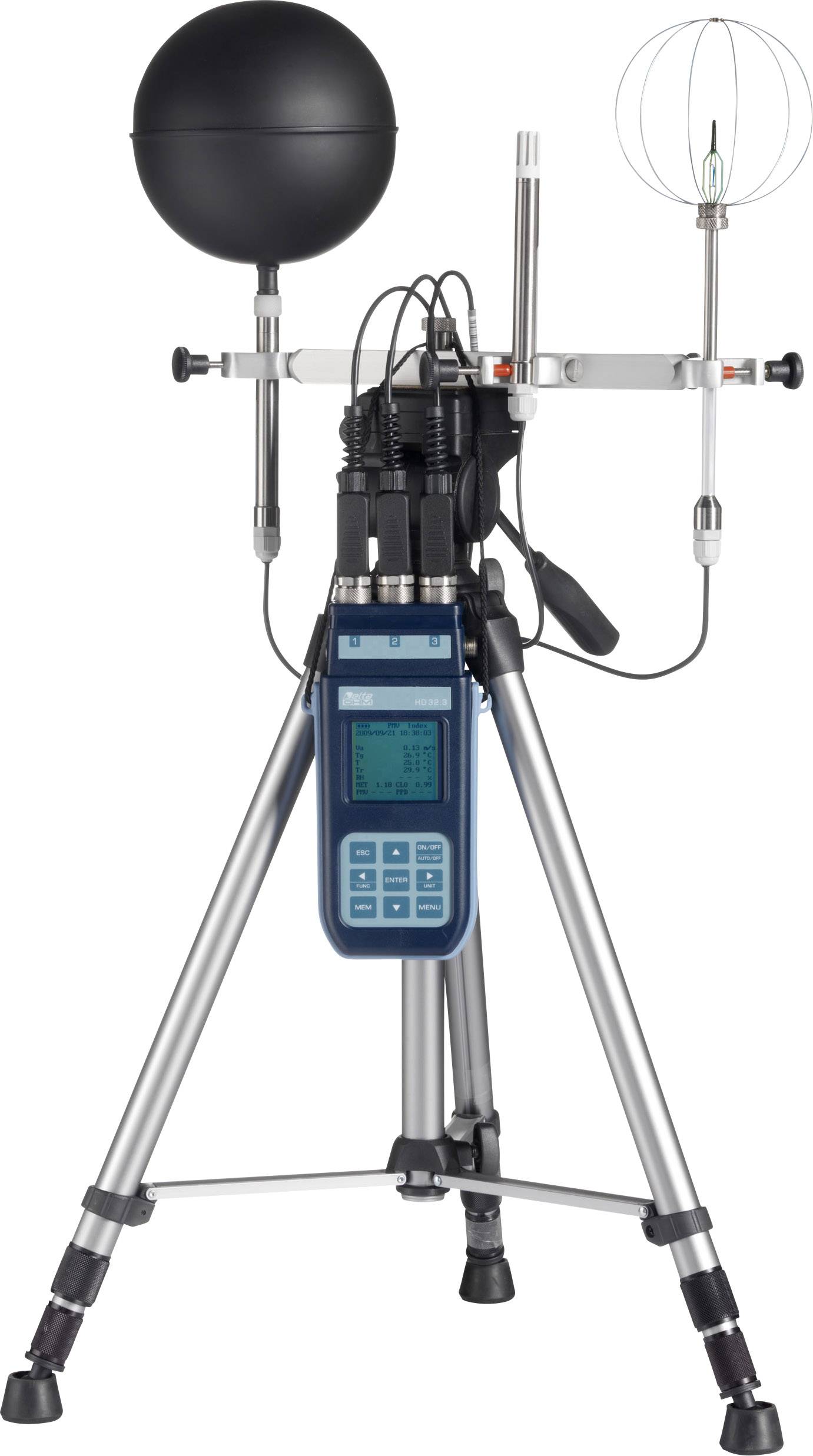 Device for measuring radiant heat: Tripod with two sensors, a black globe and a modern digital measuring instrument.