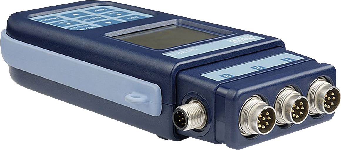 A portable testing device with a digital display and multiple connection sockets for measuring electrical signals.