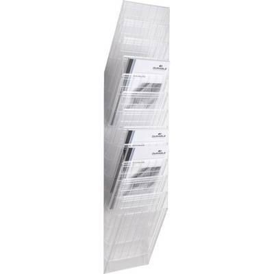 Transparent plastic brochure holder with multiple compartments, suitable for wall mounting, designed for displaying brochures.