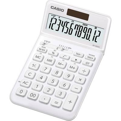 A white calculator with a solar cell, displaying the numbers 1234567890.12. Buttons include standard arithmetic operations.