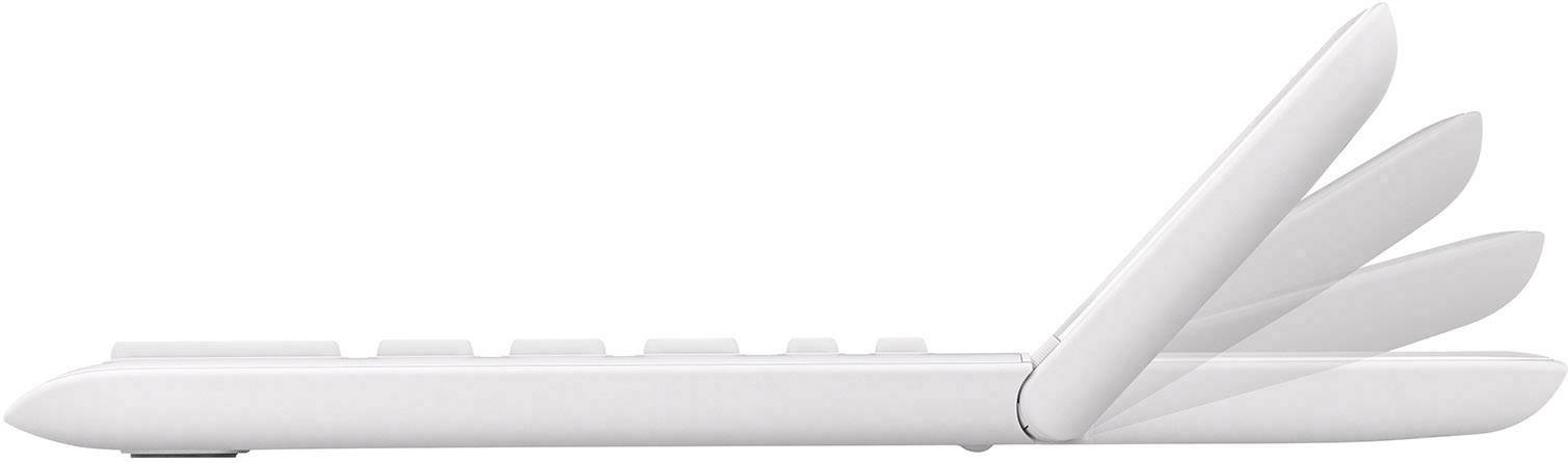 A white, foldable computer keyboard with multiple stages, adjustable from flat to upright.