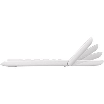 A white, foldable computer keyboard with multiple stages, adjustable from flat to upright.