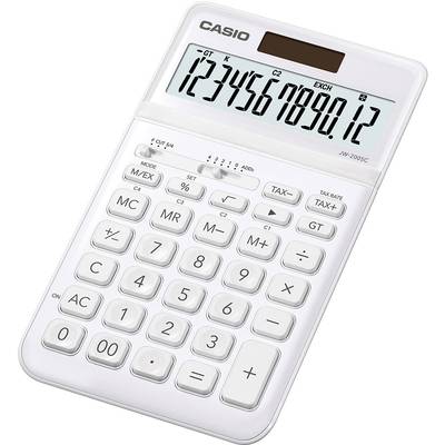A white calculator with a large display shows the numbers '1234567890.12'. Buttons for basic mathematical functions are visible.