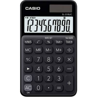 A black calculator with large buttons and a display showing the numbers '1234567890'. The brand "Casio" is shown at the top.