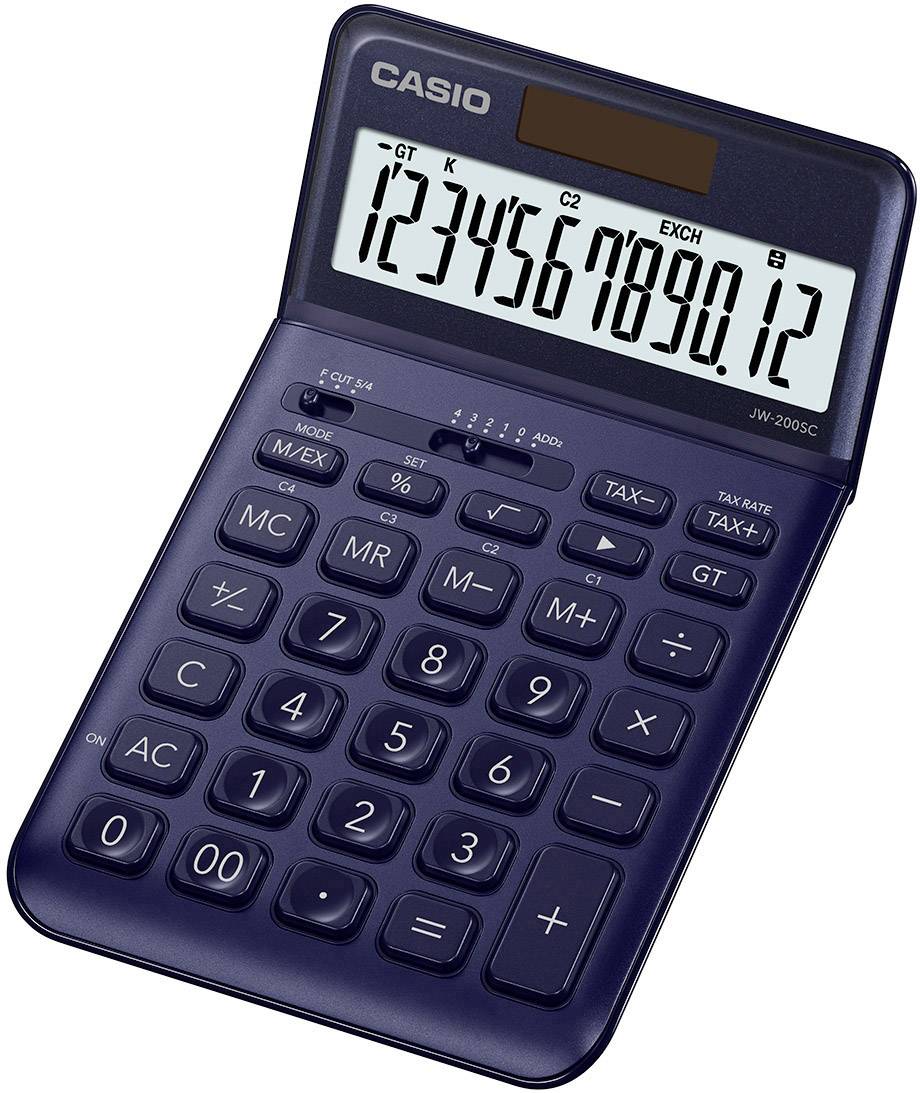 Electronic pocket calculator in navy blue, solar-powered, with a large display and standard keypad layout for basic calculations.