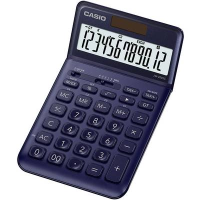 Electronic pocket calculator in navy blue, solar-powered, with a large display and standard keypad layout for basic calculations.