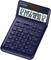 Electronic pocket calculator in navy blue, solar-powered, with a large display and standard keypad layout for basic calculations.