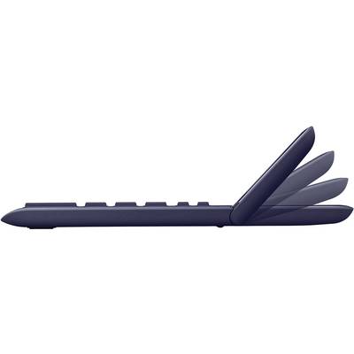 Dark blue laptop shown from the side with screen folded at various angles.