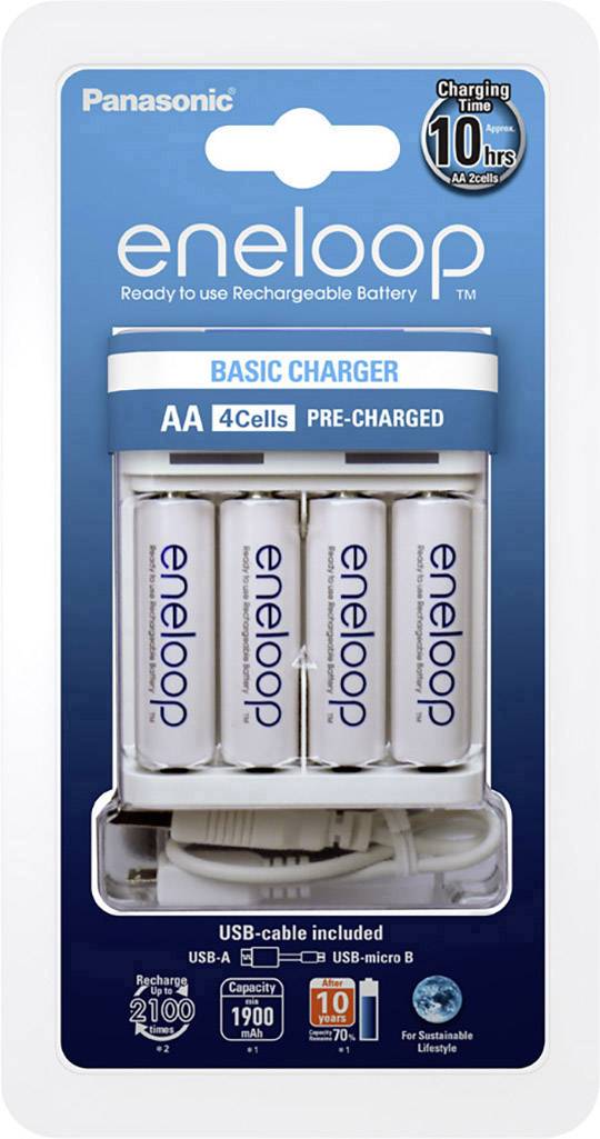Battery charger packaging with four pre-charged AA 'eneloop' batteries by Panasonic. USB cable included.