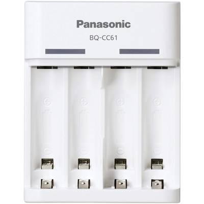 A white Panasonic battery charger with four slots, model 'BQ-CC61'.