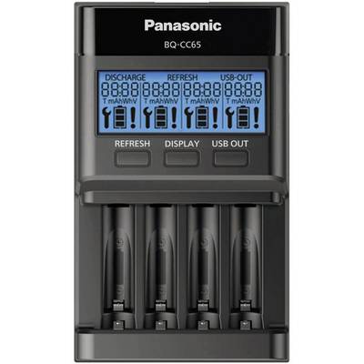 Panasonic BQ-CC65 Battery Charger with four charging slots. Digital display shows charging status and voltage. Functions: Discharge, Charge, USB output.