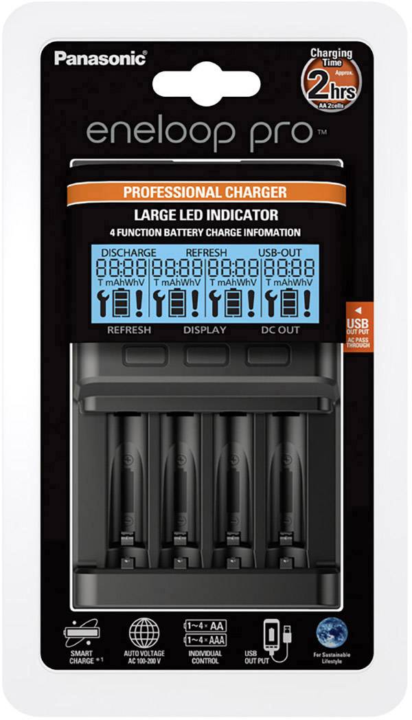 Panasonic eneloop pro Battery Charger with large LED display, showing charging status and information for four batteries.