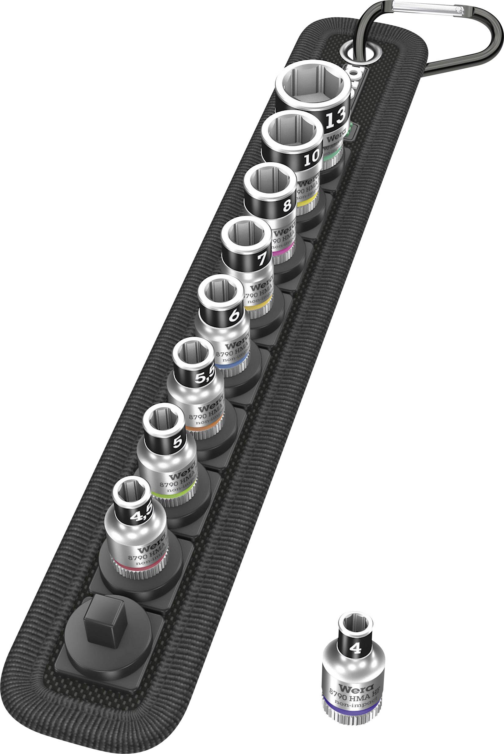 Set of 13 magnetic socket nuts in various sizes, arranged in a holder with a carabiner clip. Each nut has a colour-coded marking.