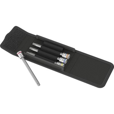Pencil case with four different coloured pens, each with a marked tip, opened for viewing.