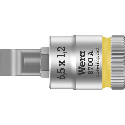 Screwdriver bit with inscription '6.5 x 1.2 Wera 8700 A non-impact'. Silver metal construction with yellow ring.