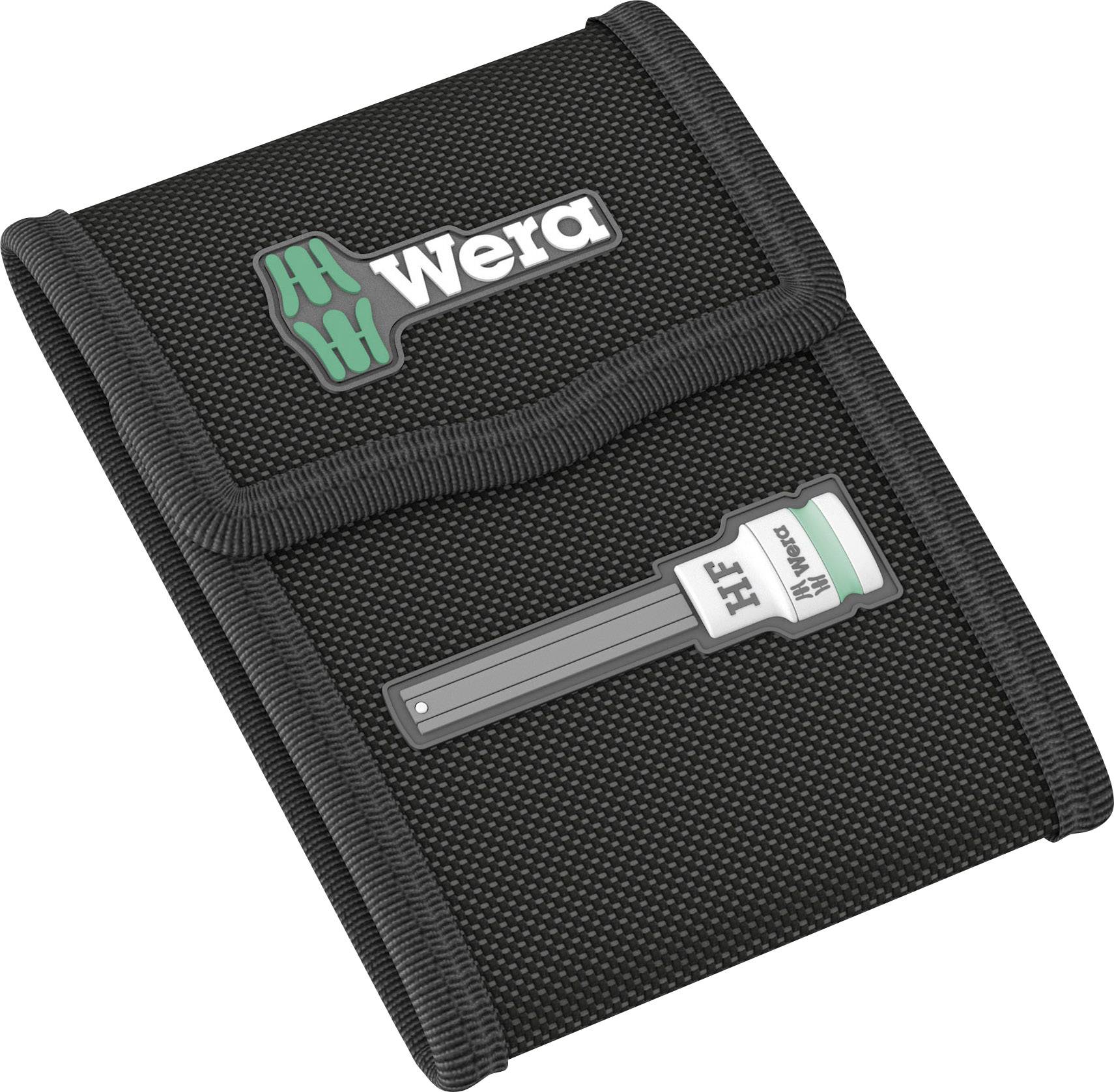 Wera tool bag with green logo and bit illustration, compact and black, for secure tool storage.