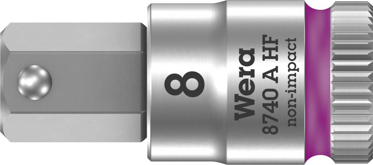 Metallic socket key adapter marked 'Wera 8740 A HF', size '8', with 'non-impact' indication.